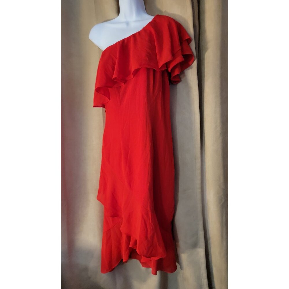 Plumberry Red Off Shoulder Dress with Ruffles on Chest and Hem Size L